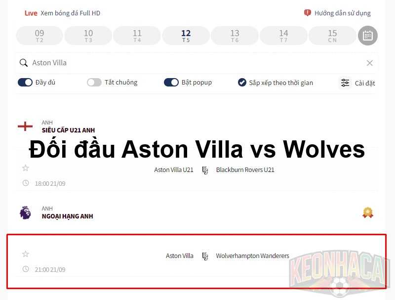 Đối đầu Aston Villa vs Wolves