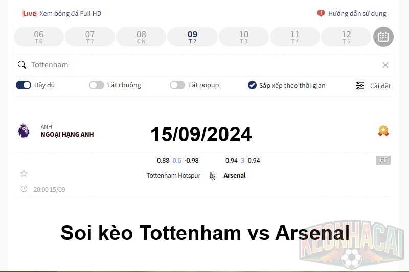 Soi kèo Tottenham vs Arsenal 15/09/2024